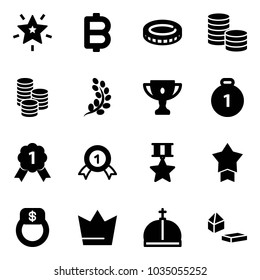 Solid vector icon set - christmas star vector, bitcoin, coin, golden branch, gold cup, medal, finger ring, crown, constructor blocks
