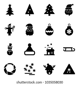 Solid vector icon set - christmas tree vector, santa claus, ball, snowman, hat, house, sleigh, wreath, sale, deer, slippery road sign