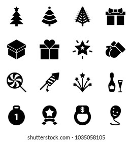 Solid vector icon set - christmas tree vector, gift, star, gloves, lollipop, firework rocket, wine, gold medal, finger ring, balloon smile
