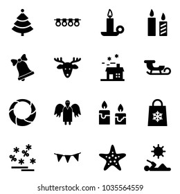 Solid vector icon set - christmas tree vector, garland, candle, bell, deer, house, sleigh, wreath, angel, shop bag snowflake, sale, flag, starfish, reading