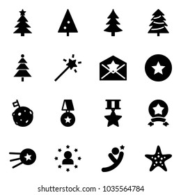 Solid vector icon set - christmas tree vector, Magic wand, star letter, medal, moon flag, first satellite, man, flying, starfish