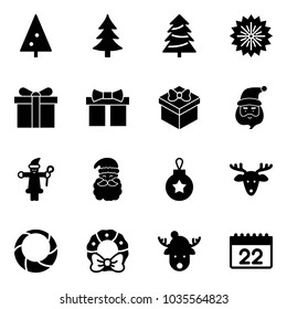 Solid vector icon set - christmas tree vector, firework, gift, santa claus, ball, deer, wreath, hat, calendar