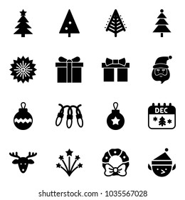 Solid vector icon set - christmas tree vector, firework, gift, santa claus, ball, garland, calendar, deer, wreath, elf