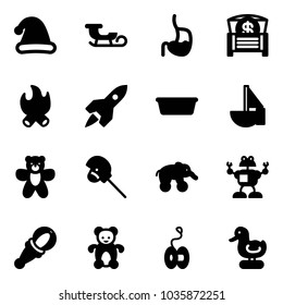 Solid vector icon set - christmas hat vector, sleigh, stomach, money chest, fire, rocket, basin, sailboat toy, bear, horse stick, elephant wheel, robot, beanbag, yoyo, duck