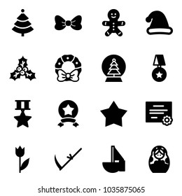 Solid vector icon set - christmas tree vector, bow, cake man, hat, holly, wreath, snowball, star medal, certificate, tulip, scythe, sailboat toy, russian doll