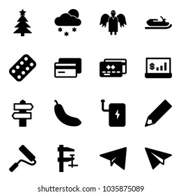 Solid vector icon set - christmas tree vector, snowfall, angel, snowmobile, pills blister, credit card, account statistics, signpost, banana, power bank, pencil, paint roller, clamp, paper plane