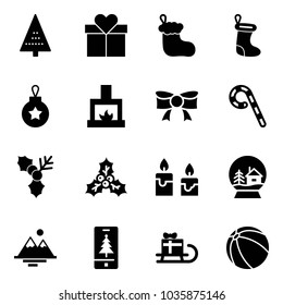 Solid vector icon set - christmas tree vector, gift, sock, ball, fireplace, bow, lollipop, holly, candle, snowball house, mountains, mobile, sleigh