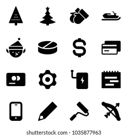 Solid vector icon set - christmas tree vector, gloves, snowmobile, elf, pill, dollar sign, credit card, gear, power bank, terms plan, mobile phone, pencil, paint roller, bow