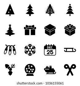 Solid vector icon set - christmas tree vector, gift, garland, snowflake, 25 dec calendar, sleigh, holly, snowball, santa, stick