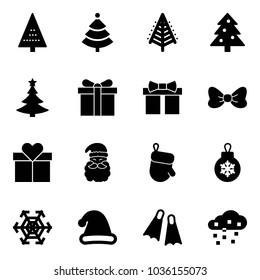 Solid vector icon set - christmas tree vector, gift, bow, santa claus, glove, ball, snowflake, hat, flippers, snow