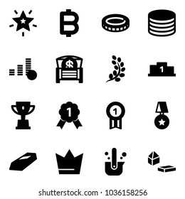 Solid vector icon set - christmas star vector, bitcoin, coin, money chest, golden branch, pedestal, win cup, gold medal, crown, casting of steel, constructor blocks
