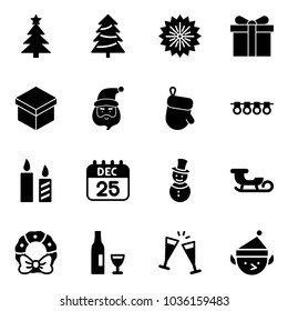 Solid vector icon set - christmas tree vector, firework, gift, santa claus, glove, garland, candle, 25 dec calendar, snowman, sleigh, wreath, wine, glasses, elf