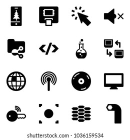 Solid vector icon set - christmas mobile vector, atm, cursor, volume off, shared folder, tag code, round flask, data exchange, globe, antenna, cd, monitor, wireless key, record button, carbon, allen