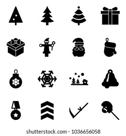 Solid vector icon set - christmas tree vector, gift, santa claus, glove, ball, snowflake, landscape, bell, star medal, chevron, scythe, horse stick toy