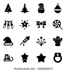 Solid vector icon set - christmas tree vector, santa claus, ball, garland, star, bow, lollipop, hat, firework rocket, angel, sleigh gift, medal, finger ring
