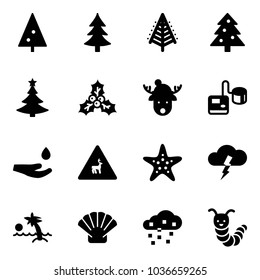 Solid vector icon set - christmas tree vector, holly, deer hat, tonometer, drop hand, wild animals road sign, starfish, storm, palm, shell, snow, toy caterpillar