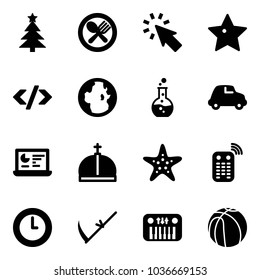 Solid vector icon set - christmas tree vector, fork spoon plate, cursor, star, tag code, globe, round flask, car, statistics monitor, crown, starfish, remote control, clock, scythe, toy piano