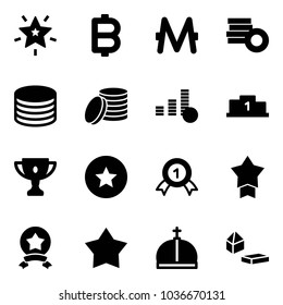 Solid vector icon set - christmas star vector, bitcoin, monero, coin, pedestal, gold cup, medal, crown, constructor blocks