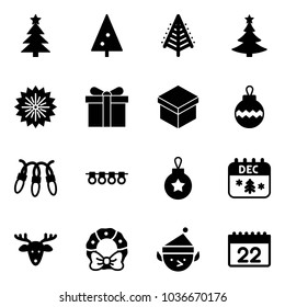 Solid vector icon set - christmas tree vector, firework, gift, ball, garland, calendar, deer, wreath, elf