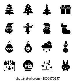 Solid vector icon set - christmas tree vector, gift, santa claus, sock, ball, snowfall, snowman, calendar, snowball house, sale, toy rabbit