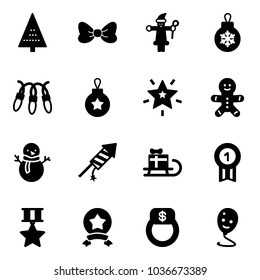 Solid vector icon set - christmas tree vector, bow, santa claus, ball, garland, star, cake man, snowman, firework rocket, sleigh gift, gold medal, finger ring, balloon smile