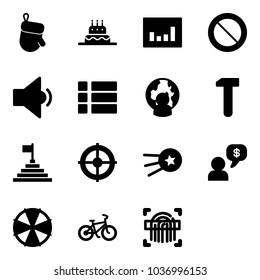 Solid Vector Icon Set - Christmas Glove Vector, Cake, Statistics, Prohibition Road Sign, Low Volume, Menu, Man Globe, Work, Pyramid Flag, Target, First Satellite, Money Dialog, Parasol, Bike