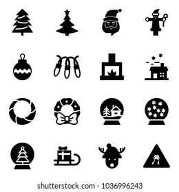 Solid vector icon set - christmas tree vector, santa claus, ball, garland, fireplace, house, wreath, snowball, sleigh gift, deer hat, slippery road sign