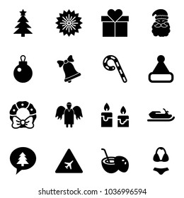 Solid vector icon set - christmas tree vector, firework, gift, santa claus, bell, lollipop, hat, wreath, angel, candle, snowmobile, merry message, airport road sign, coconut cocktail, swimsuit