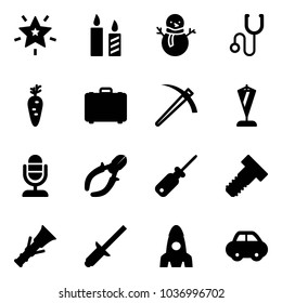 Solid vector icon set - christmas star vector, candle, snowman, stethoscope, carrot, case, job, pennant, microphone, side cutters, screwdriver, bolt, dowel, clinch, rocket, car