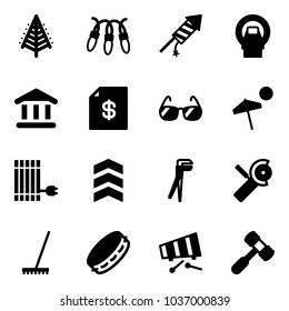 Solid vector icon set - christmas tree vector, garland, firework rocket, mri, bank, account statement, sunglasses, beach, sun panel, chevron, plumber, Angular grinder, rake, tambourine, xylophone