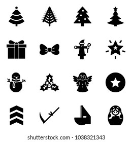 Solid vector icon set - christmas tree vector, gift, bow, santa claus, star, snowman, holly, angel, medal, chevron, scythe, sailboat toy, russian doll