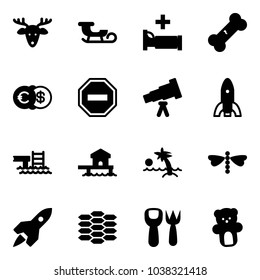 Solid vector icon set - christmas deer vector, sleigh, hospital bed, broken bone, euro dollar, no way road sign, telescope, rocket, pool, bungalow, palm, dragonfly, carbon, shovel fork toy, bear