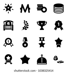 Solid vector icon set - christmas star vector, monero, coin, money chest, golden branch, gold cup, medal, crown, constructor blocks