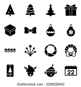 Solid vector icon set - christmas tree vector, gift, bow, ball, garland, firework, wreath, mobile, deer hat, elf, calendar