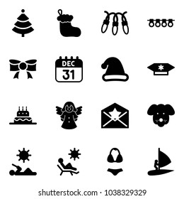 Solid vector icon set - christmas tree vector, sock, garland, bow, 31 dec calendar, hat, candy, cake, angel, star letter, dog, reading, beach, swimsuit, windsurfing