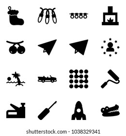 Solid vector icon set - christmas sock vector, garland, fireplace, rowanberry, paper plane, fly, star man, palm, cabrio, circuit, paint roller, stapler, awl, rocket, crocodile