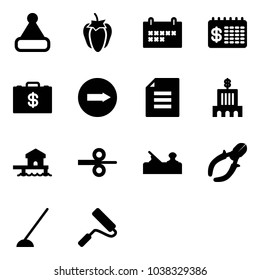 Solid vector icon set - christmas hat vector, sweet pepper, schedule, finance calendar, money case, only right road sign, document, bank building, bungalow, steel rolling, jointer, side cutters, hoe