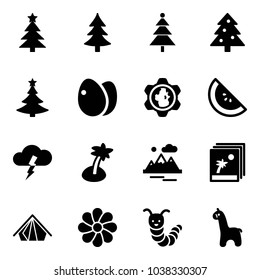 Solid vector icon set - christmas tree vector, eggs, gear globe, watermelone, storm, palm, mountains, photo, tent, flower, toy caterpillar, giraffe