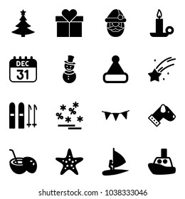 Solid vector icon set - christmas tree vector, gift, santa claus, candle, 31 dec calendar, snowman, hat, falling star, ski, sale, flag garland, dog, coconut cocktail, starfish, windsurfing, toy boat
