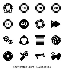 Solid vector icon set - christmas wreath vector, speed limit 10 road sign, 70, 80, 130, minimal, friends, fast forward, gears, community, jalousie, volleyball, cd, Angular grinder, dryer, baby car