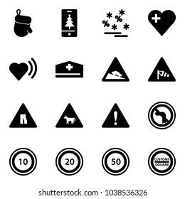Solid vector icon set - christmas glove vector, mobile, sale, heart, beat, doctor hat, steep descent road sign, side wind, narrows, cow, attention, no left turn, speed limit 10, 20, 50, customs