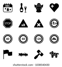 Solid vector icon set - christmas calendar vector, wine, angel, heart, stop road sign, children, railway intersection, limited width, speed limit 40, 60, 120, no bike, flag, cabrio, toy hammer