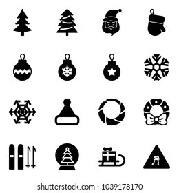 Solid vector icon set - christmas tree vector, santa claus, glove, ball, snowflake, hat, wreath, ski, snowball, sleigh gift, slippery road sign
