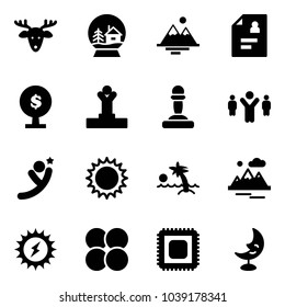Solid vector icon set - christmas deer vector, snowball house, mountains, patient card, money tree, winner, pawn, team leader, flying man, sun, palm, power, atom core, cpu, moon lamp