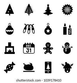 Solid vector icon set - christmas tree vector, firework, ball, garland, candle, fireplace, 31 dec calendar, cake man, snowman, candy, turkey, mobile, deer hat