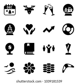 Solid vector icon set - christmas calendar vector, deer, wine glasses, snowball house, tree, heart care, growth arrow, circle chart, money, book, team leader, pennant, waves, flower, carbon