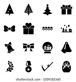 Solid vector icon set - christmas tree vector, gift, bow, garland, landscape, bell, snowball house, golden branch, star medal, scythe, russian doll