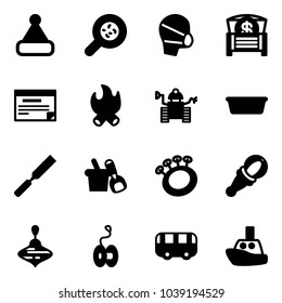 Solid vector icon set - christmas hat vector, bacteria, medical mask, money chest, schedule, fire, robot, basin, rasp, shovel bucket, beanbag, wirligig toy, yoyo, bus, boat