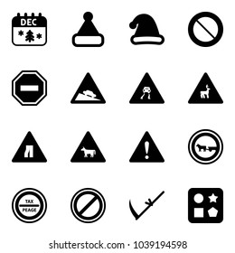 Solid vector icon set - christmas calendar vector, hat, prohibition road sign, no way, steep descent, slippery, wild animals, narrows, cow, attention, cart horse, tax peage, parking, scythe
