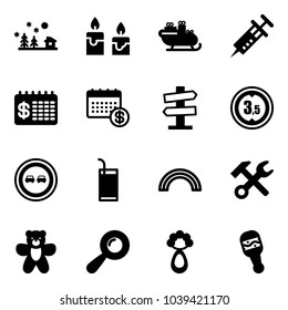 Solid vector icon set - christmas landscape vector, candle, santa sleigh, syringe, finance calendar, road signpost sign, limited height, no overtake, drink, rainbow, wrench hammer, bear toy, beanbag